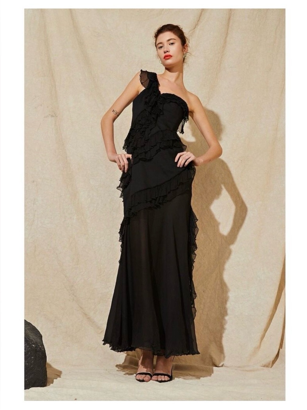 Black One-Shoulder Ruffled Maxi Dress
